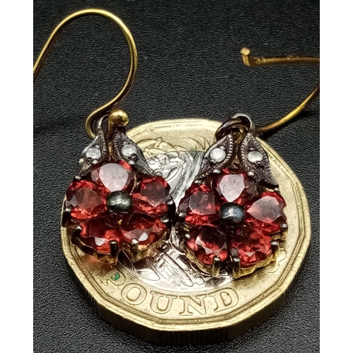 808 - A Pair of Vintage 9K Gold Garnet and Diamond Teardrop Earrings. 2.6g total weight.