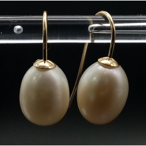 829 - A Pair of 9K Yellow Gold and Pearl Earrings. 12mm pearl. 
3.51g total weight.