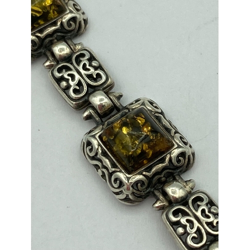 826 - Vintage SILVER BRACELET set with AMBER gemstones individually mounted in ornate Silver Squares. 19 c... 