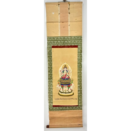 626 - A VERY RARE HAND PAINTED BUDDHIST SCROLL    122 X 34cms    OVER 300 YEARS OLD SO A/F.