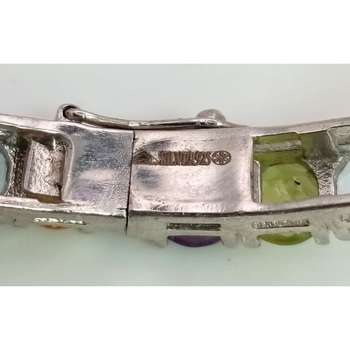 676 - A 925 Silver Gemstone Tennis Bracelet. With Garnet, Amethyst, Peridot, Citrine , Blue Topaz - AAA Qu... 