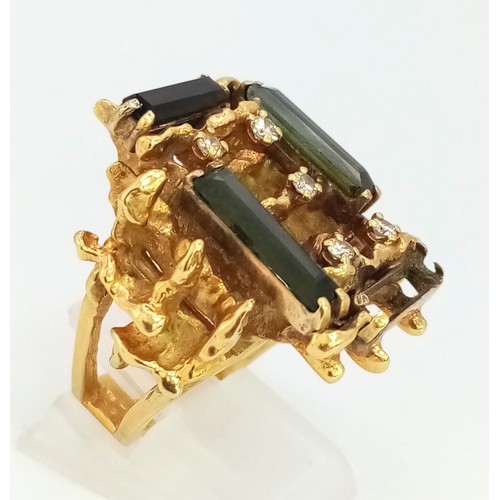 96 - A Unique Vintage Art Deco-Esque 18K Yellow Gold, Peridot and Diamond Ring. Peridot bars with bright ... 