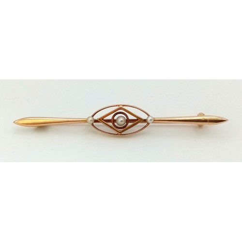 613 - An Antique 15ct Gold and Pearl Bar Brooch. 5.5cm. 2.12g total weight.