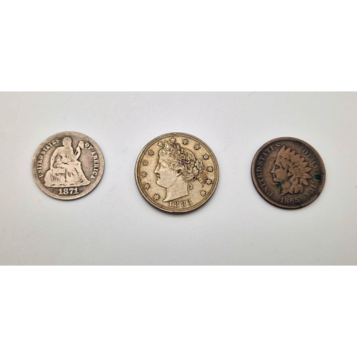 1182 - A USA 1883 Silver Nickel, an 1871 Silver Dime and an 1865 One Cent Coin.