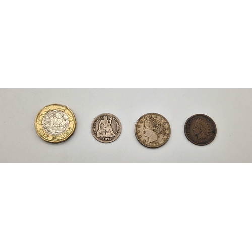 1182 - A USA 1883 Silver Nickel, an 1871 Silver Dime and an 1865 One Cent Coin.