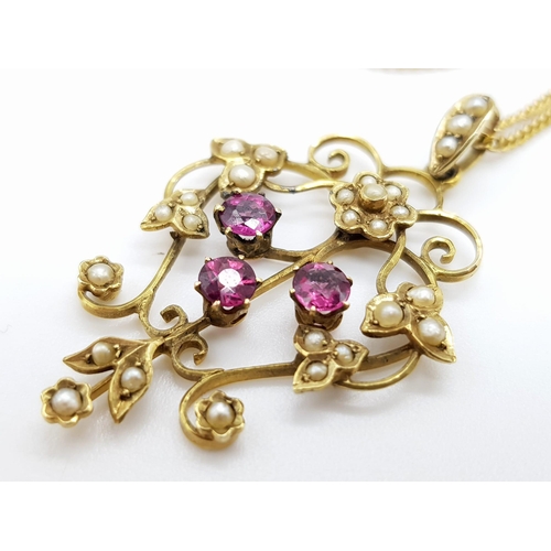 169 - A Victorian 9K Yellow Gold Pink Tourmaline and Pearl Decorative Pendant on a 9K Yellow Gold Necklace... 