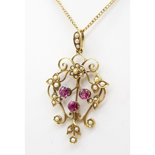 169 - A Victorian 9K Yellow Gold Pink Tourmaline and Pearl Decorative Pendant on a 9K Yellow Gold Necklace... 