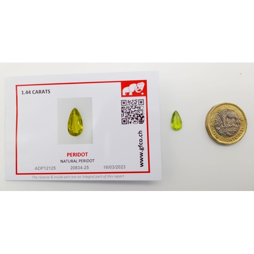 352 - A 1.44ct High Quality Pakistan Peridot. Comes with a GFCO Swiss Special Origin Report.