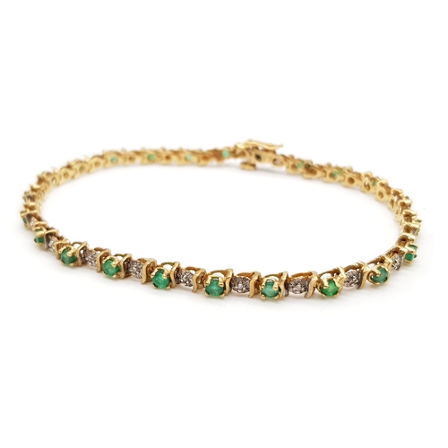 321 - 9K YELLOW GOLD DIAMOND & EMERALD BRACELET 6.4G