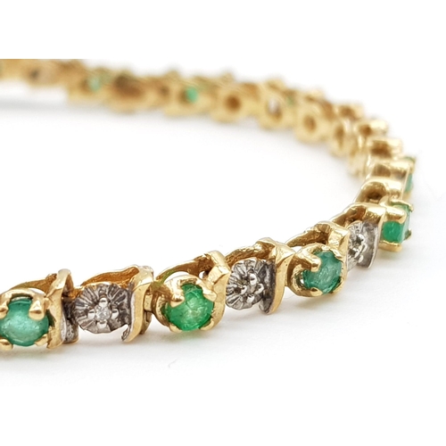 321 - 9K YELLOW GOLD DIAMOND & EMERALD BRACELET 6.4G