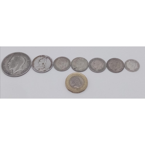 387 - A Collection of pre 1947 British silver coins. Consisting of 2 × Half Crown-1887 & 1924. 4 × Six Pen... 