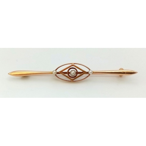 613 - An Antique 15ct Gold and Pearl Bar Brooch. 5.5cm. 2.12g total weight.