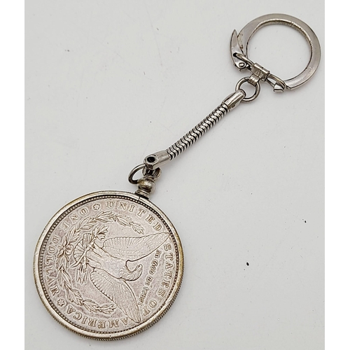 674 - A USA 1900 Silver Morgan Dollar Key-ring Fob. 34.24g. Good definition on the coin but please see pho... 