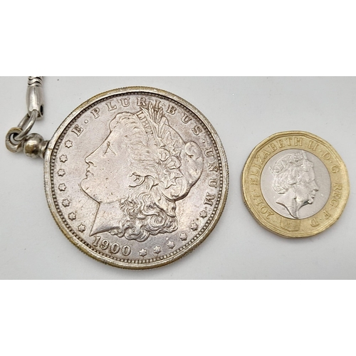 674 - A USA 1900 Silver Morgan Dollar Key-ring Fob. 34.24g. Good definition on the coin but please see pho... 