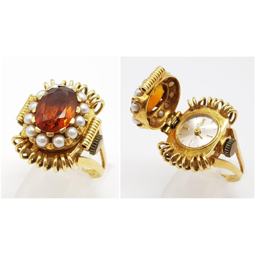 79 - An Incredible Vintage 18K Yellow Gold Citrine and Pearl Watch Conversion Ring. An absolute stunning ... 