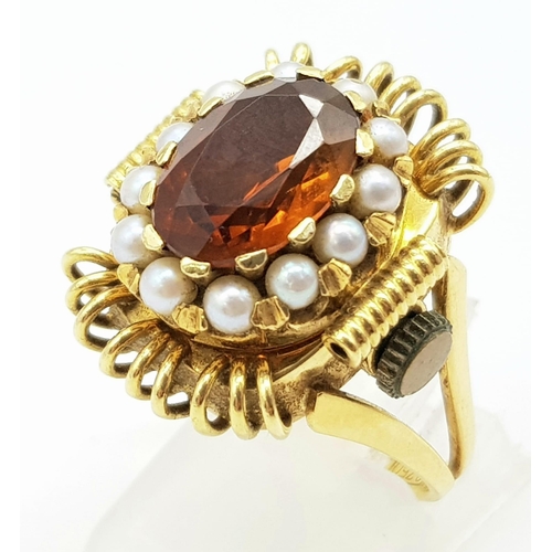 79 - An Incredible Vintage 18K Yellow Gold Citrine and Pearl Watch Conversion Ring. An absolute stunning ... 