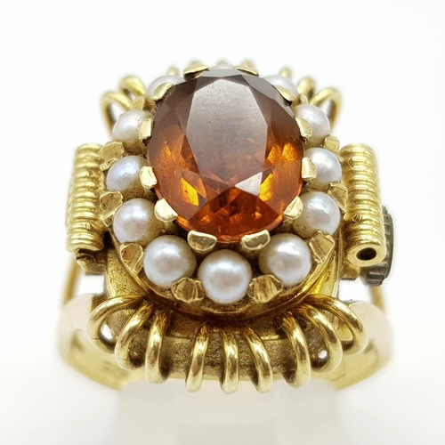 79 - An Incredible Vintage 18K Yellow Gold Citrine and Pearl Watch Conversion Ring. An absolute stunning ... 