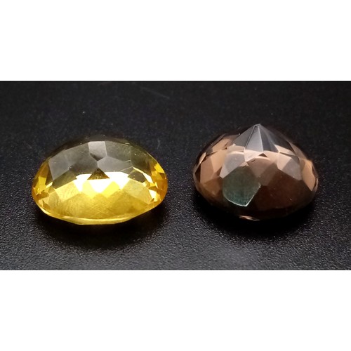 585 - A 12ct Oval-Cut Lemon and a 14ct Round-Cut Smoky Quartz Gemstone. No certificates so a/f.