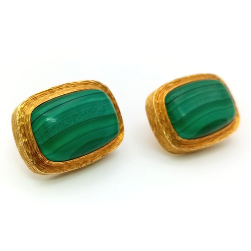 620 - A Pair of Pablo 18K Yellow Gold Russian Malachite Statement Cufflinks. Optimum banded rectangular ma... 