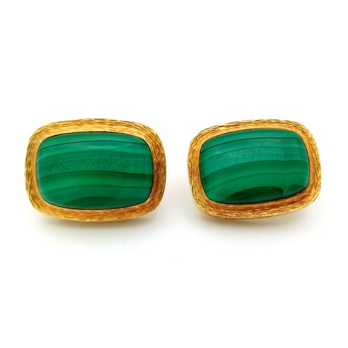 620 - A Pair of Pablo 18K Yellow Gold Russian Malachite Statement Cufflinks. Optimum banded rectangular ma... 