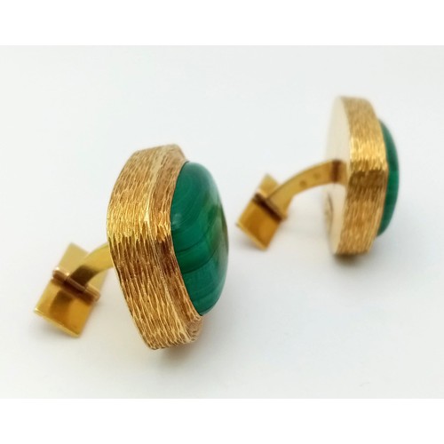 620 - A Pair of Pablo 18K Yellow Gold Russian Malachite Statement Cufflinks. Optimum banded rectangular ma... 