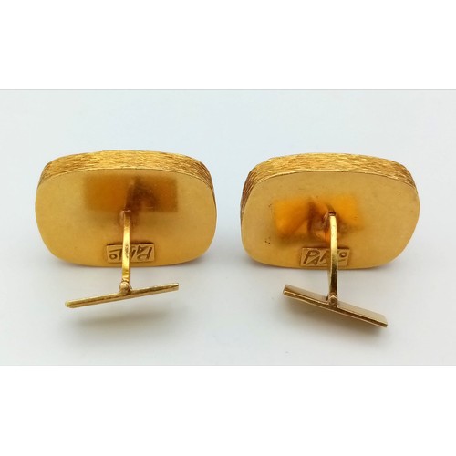 620 - A Pair of Pablo 18K Yellow Gold Russian Malachite Statement Cufflinks. Optimum banded rectangular ma... 