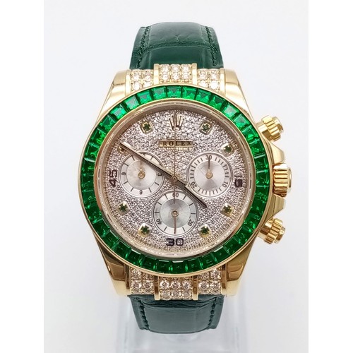 50 - A Very Bling Rolex Cosmograph 18K Gold, Emerald and Diamond Watch. Green leather strap and Rolex gol... 