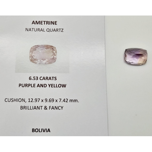 632 - A 6.53ct Bolivian High Quality Ametrine - Cushion Shape Gemstone. Comes with a GFCO Swiss Special Or... 