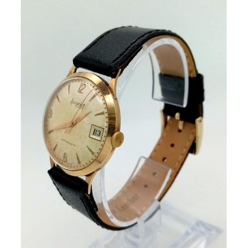 683 - A Vintage Accurist 9K Gents Gold Watch. Black leather strap. 9K gold case - 32mm. Mechanical movemen... 