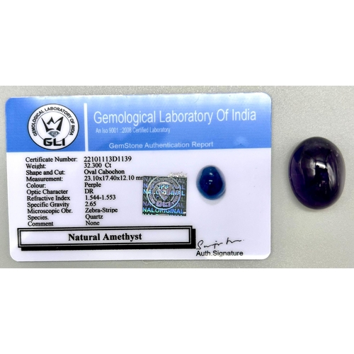 1407 - 32.30 Ct Natural Amethyst. Purple. Oval Cabochon. Comes with GLI Certificate.