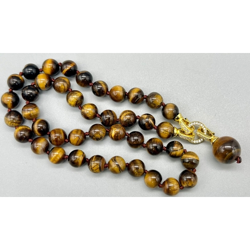 1491 - Beautiful Tigers Eye Necklace with Hanging Gold Plated Drop - Further Bead (also the clasp). 46cm - ... 