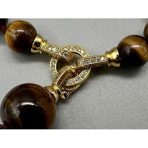 1491 - Beautiful Tigers Eye Necklace with Hanging Gold Plated Drop - Further Bead (also the clasp). 46cm - ... 