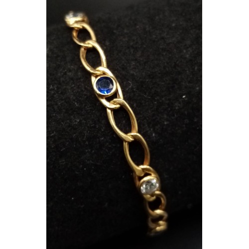 678 - 18k yellow gold blue/white CZ set bracelet, 18cm length, 3.2g