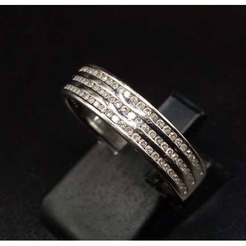 657 - 18k white gold diamond 3 row half eternity band ring (dia: 0.35ct), size P, 4.7g