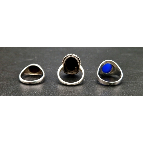 1436 - Three Vintage Silver Rings. Onyx - Q, Blue stone - M, and Tigers Eye - N.