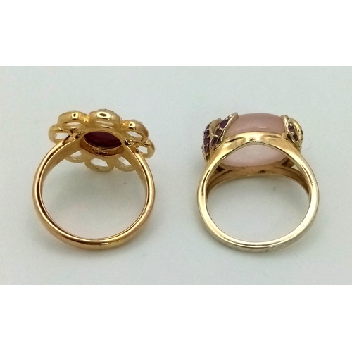 1450 - Two 925 Silver Gold Plated Gem Rings. Rose quartz and Ruby with White Stones. Both size N.