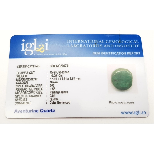 1464 - 16.25 Ct Aventurine Quartz. Green. Oval Cabachon. Comes with IGL&I Certificate.