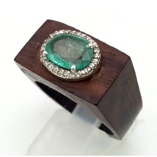 1506 - An Unusual 1.8ct Zambian Untreated Emerald Gemstone Wood Ring. Surrounded with Real Diamonds. Size R... 