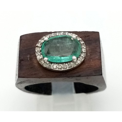 1506 - An Unusual 1.8ct Zambian Untreated Emerald Gemstone Wood Ring. Surrounded with Real Diamonds. Size R... 