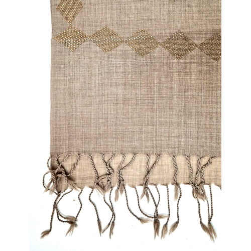 1792 - A Soft luxurious Pasmina hand-feel pure Beige wool scarf embellished with gold crystals. Tassels at ... 