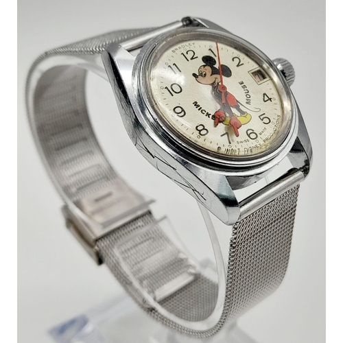 252 - A Vinage Bradley Mickey Mouse Watch. Stainless steel strap and case - 32mm. Cream dial with date win... 