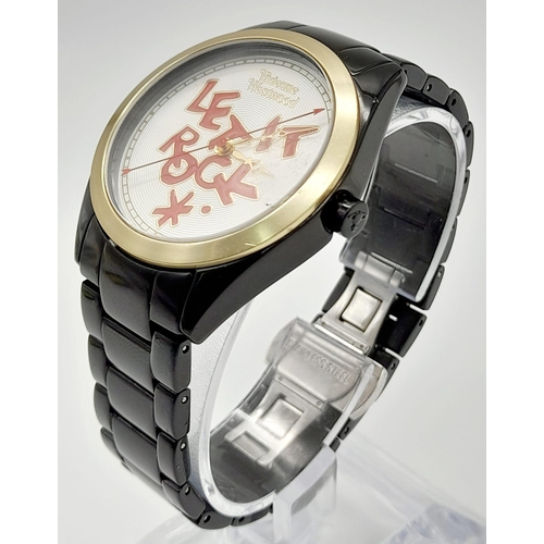 388 - A Vivienne Westwood - Let it Rock Watch. Black ceramic strap and case - 35mm. White dial with red le... 