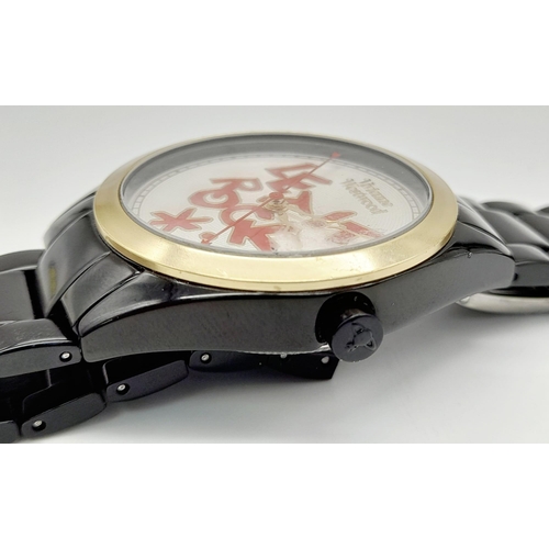 388 - A Vivienne Westwood - Let it Rock Watch. Black ceramic strap and case - 35mm. White dial with red le... 