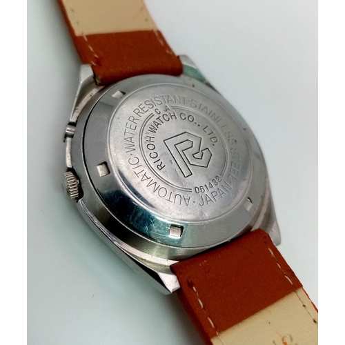 1141 - A Ricoh Automatic 21 Jewel Gents Watch. Brown leather strap and stainless steel case - 37mm. Gold to... 