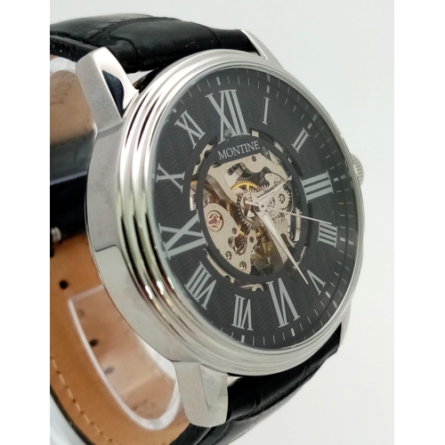 1162 - A Montine Automatic Skeleton Gents Watch. Black leather strap. Stainless steel case - 44mm. Skeleton... 