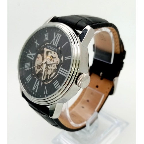 1162 - A Montine Automatic Skeleton Gents Watch. Black leather strap. Stainless steel case - 44mm. Skeleton... 