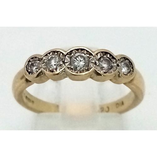 394 - A 9K Yellow Gold Five Diamond Ring. 0.20ct. Size N. 2.96g total weight.