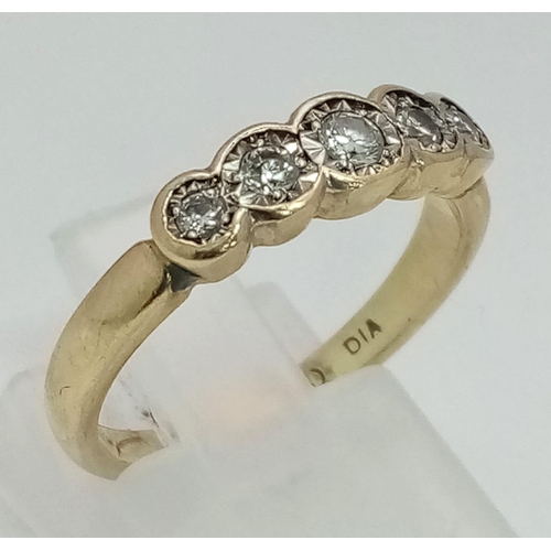 394 - A 9K Yellow Gold Five Diamond Ring. 0.20ct. Size N. 2.96g total weight.