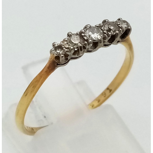 526 - An 18K Yellow Gold Five Diamond Stone Ring. Size R. 1.91g total weight.