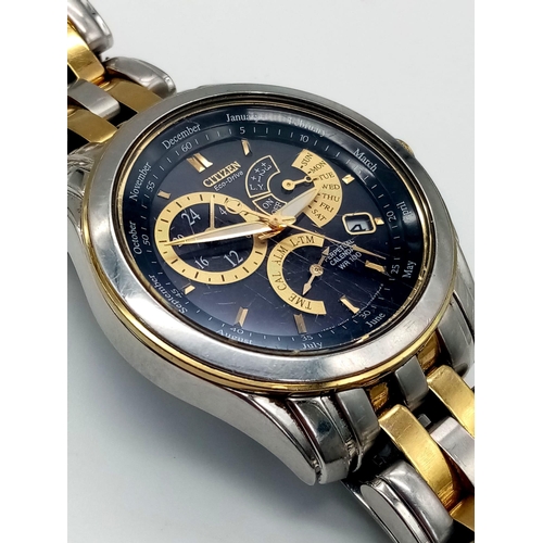 111 - A Citizen Eco Drive Perpetual Calendar Chronograph Gents Watch. Two tone strap and case - 40mm. Blac... 